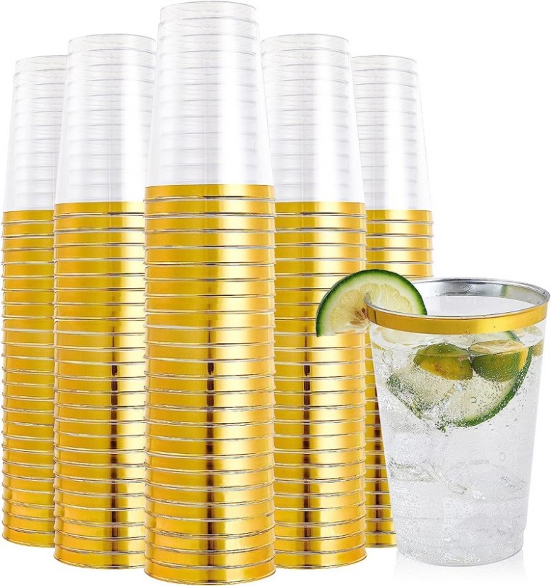 10/12/14/16 oz Elegant Gold Rimmed Clear Disposable Plastic Wine Cocktail Glasses Drinking Tumblers Cups
