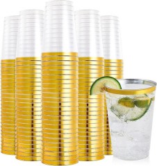 10/12/14/16 oz Elegant Gold Rimmed Clear Disposable Plastic Wine Cocktail Glasses Drinking Tumblers Cups