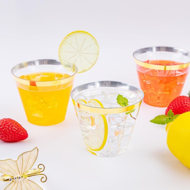 9 oz Gold /Silver Rim Plastic PS Clear Disposable Cup Water Wine Juice Glasses Tumblers
