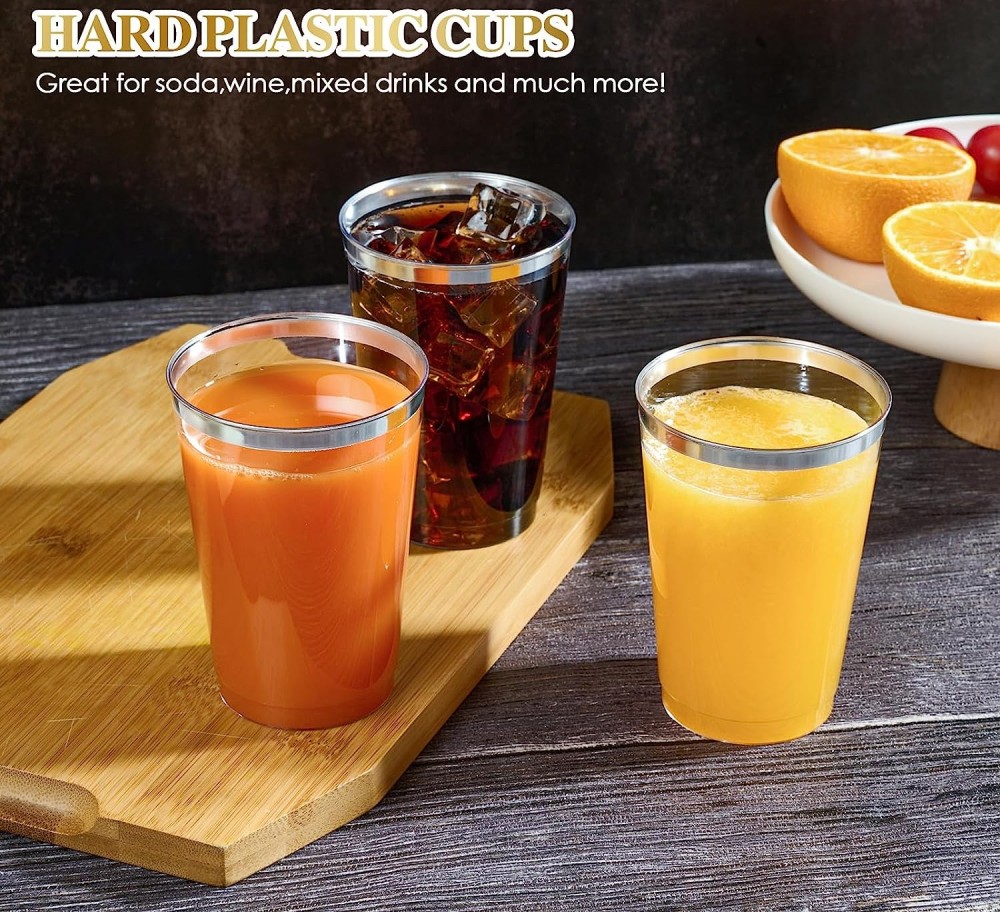 10/12/14/16 oz Elegant Gold Rimmed Clear Disposable Plastic Wine Cocktail Glasses Drinking Tumblers Cups
