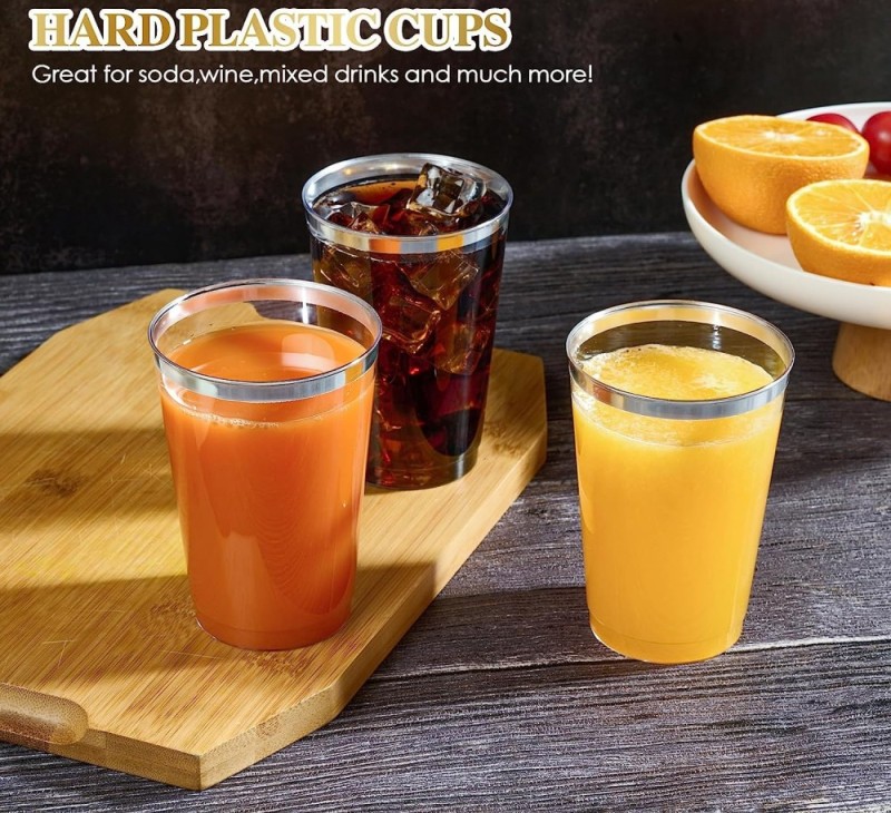 10/12/14/16 oz Elegant Gold Rimmed Clear Disposable Plastic Wine Cocktail Glasses Drinking Tumblers Cups