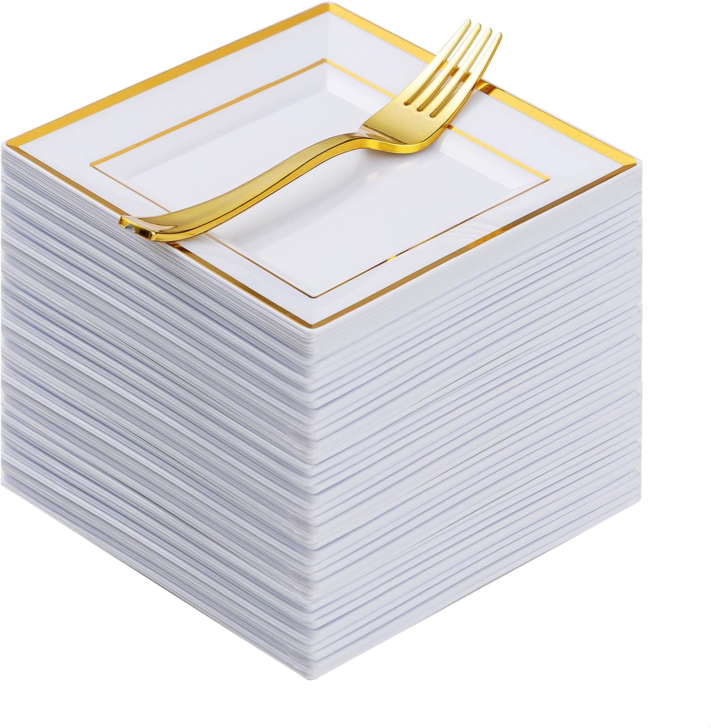 Heavy Duty Plastic Disposable Dinner Plates 7.5 inch 10.25 inch White Black with Gold Rim Square Plates Ideal for Weddings,Parties, & Catering