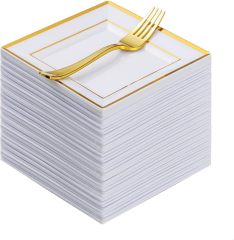 Heavy Duty Plastic Disposable Dinner Plates 7.5 inch 10.25 inch White Black with Gold Rim Square Plates Ideal for Weddings,Parties, & Catering