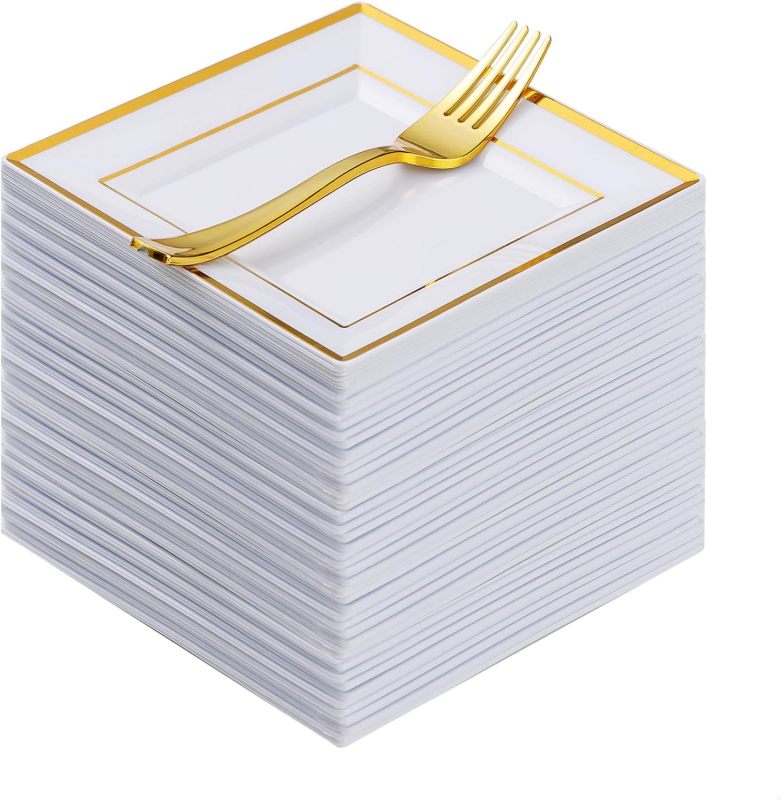 Heavy Duty Plastic Disposable Dinner Plates 7.5 inch 10.25 inch White Black with Gold Rim Square Plates Ideal for Weddings,Parties, & Catering