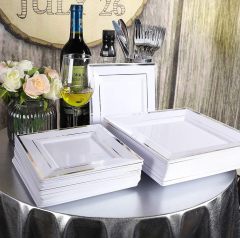 Silver Square Plates & Disposable Silverware & Plastic Cups, Silver Plastic Dinnerware Include: 25 Dinner Plates, 25 Dessert Plates, 25 Forks, 25 Knives, 25 Spoons, 25 Tumblers
