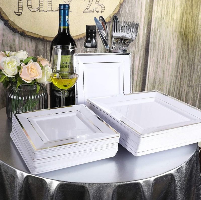 Silver Square Plates & Disposable Silverware & Plastic Cups, Silver Plastic Dinnerware Include: 25 Dinner Plates, 25 Dessert Plates, 25 Forks, 25 Knives, 25 Spoons, 25 Tumblers