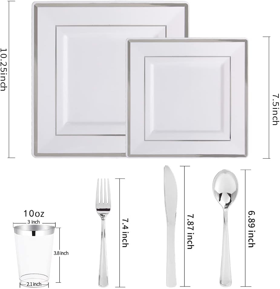 Silver Square Plates & Disposable Silverware & Plastic Cups, Silver Plastic Dinnerware Include: 25 Dinner Plates, 25 Dessert Plates, 25 Forks, 25 Knives, 25 Spoons, 25 Tumblers