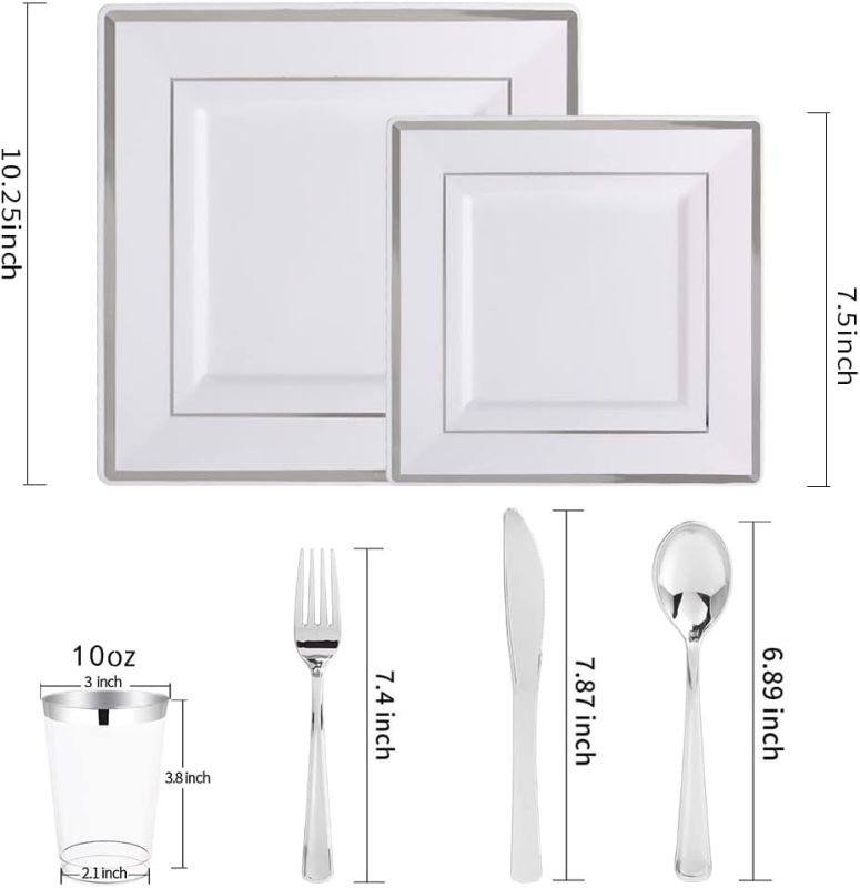 Silver Square Plates & Disposable Silverware & Plastic Cups, Silver Plastic Dinnerware Include: 25 Dinner Plates, 25 Dessert Plates, 25 Forks, 25 Knives, 25 Spoons, 25 Tumblers