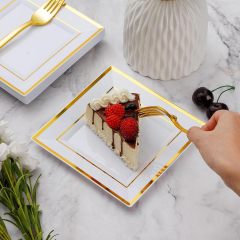 Heavy Duty Plastic Disposable Dinner Plates 7.5 inch 10.25 inch White Black with Gold Rim Square Plates Ideal for Weddings,Parties, & Catering