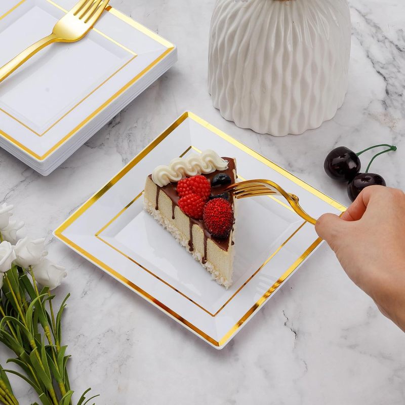 Heavy Duty Plastic Disposable Dinner Plates 7.5 inch 10.25 inch White Black with Gold Rim Square Plates Ideal for Weddings,Parties, & Catering