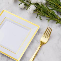 Heavy Duty Plastic Disposable Dinner Plates 7.5 inch 10.25 inch White Black with Gold Rim Square Plates Ideal for Weddings,Parties, & Catering