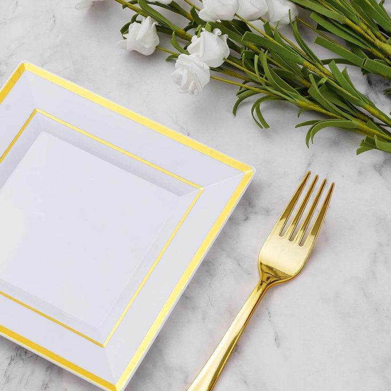 Heavy Duty Plastic Disposable Dinner Plates 7.5 inch 10.25 inch White Black with Gold Rim Square Plates Ideal for Weddings,Parties, & Catering