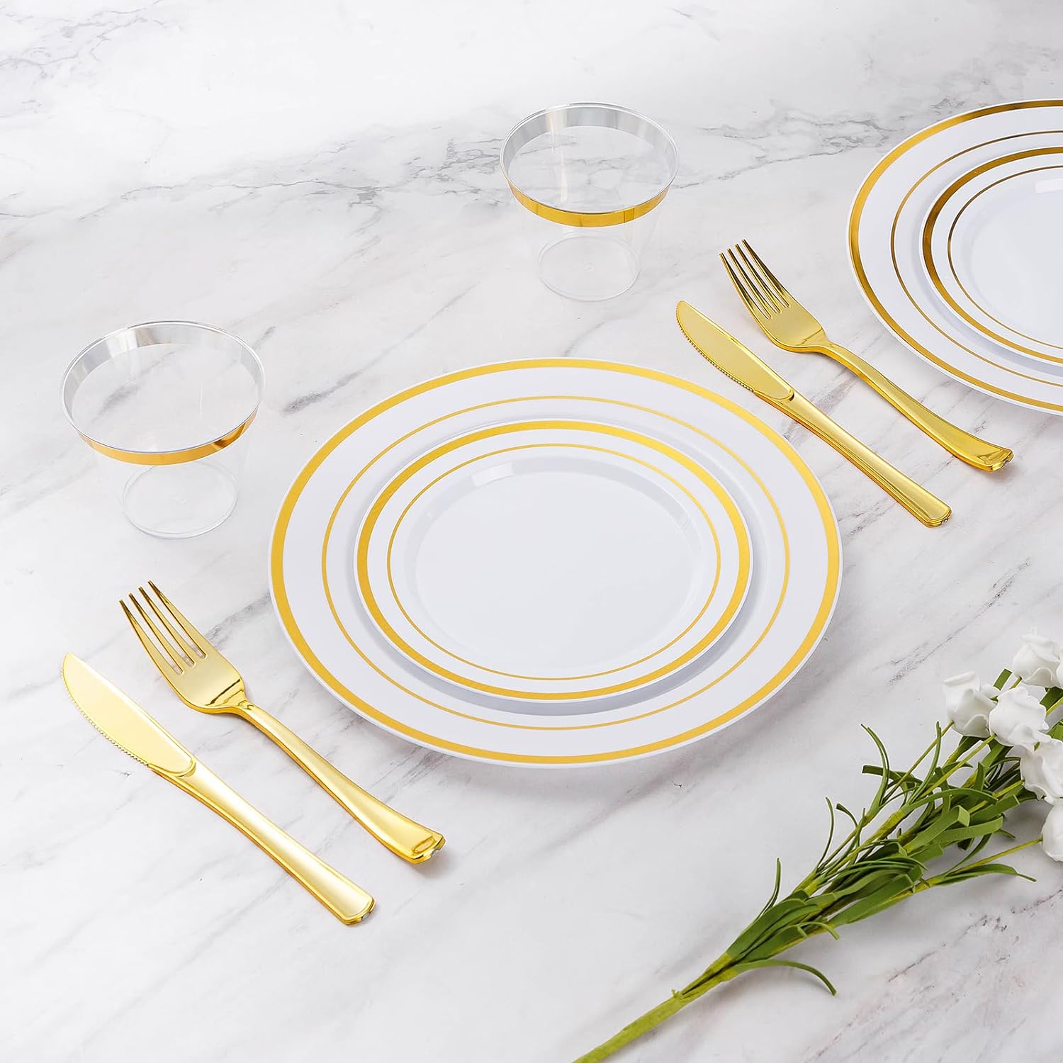 600 Piece Wedding Party Plates Disposable Dinnerware Set 100 Guests -100 Gold Plastic Plates, 100 Gold Salad Plates, 100 Gold Plastic Silverware Set, 100 Gold Plastic Cups