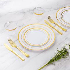600 Piece Wedding Party Plates Disposable Dinnerware Set 100 Guests -100 Gold Plastic Plates, 100 Gold Salad Plates, 100 Gold Plastic Silverware Set, 100 Gold Plastic Cups