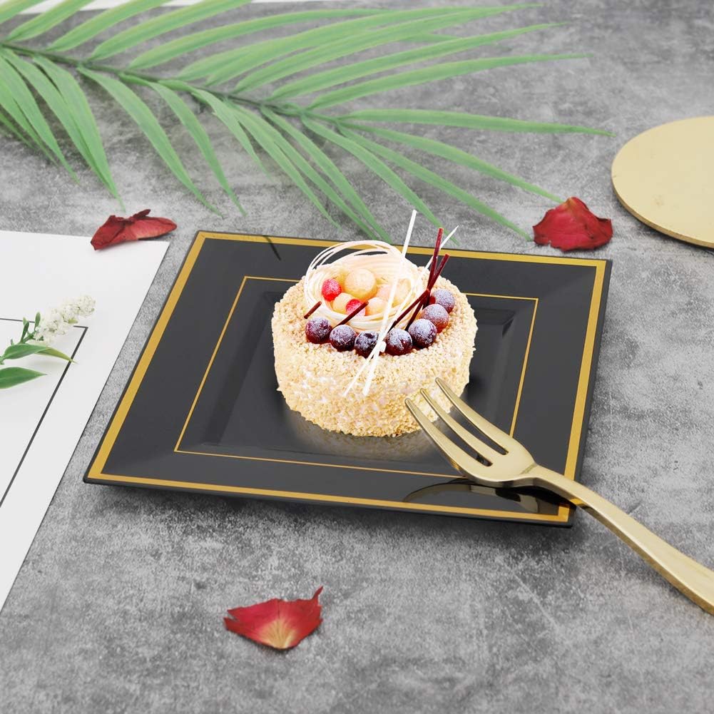 Heavy Duty Plastic Disposable Dinner Plates 7.5 inch 10.25 inch White Black with Gold Rim Square Plates Ideal for Weddings,Parties, & Catering