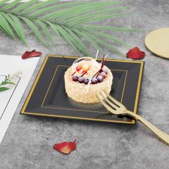 Heavy Duty Plastic Disposable Dinner Plates 7.5 inch 10.25 inch White Black with Gold Rim Square Plates Ideal for Weddings,Parties, & Catering