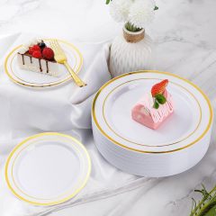 600 Piece Wedding Party Plates Disposable Dinnerware Set 100 Guests -100 Gold Plastic Plates, 100 Gold Salad Plates, 100 Gold Plastic Silverware Set, 100 Gold Plastic Cups