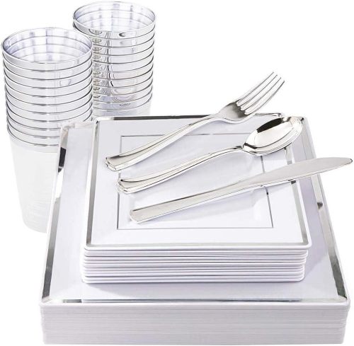 Silver Square Plates &amp; Disposable Silverware &amp; Plastic Cups, Silver Plastic Dinnerware Include: 25 Dinner Plates, 25 Dessert Plates, 25 Forks, 25 Knives, 25 Spoons, 25 Tumblers