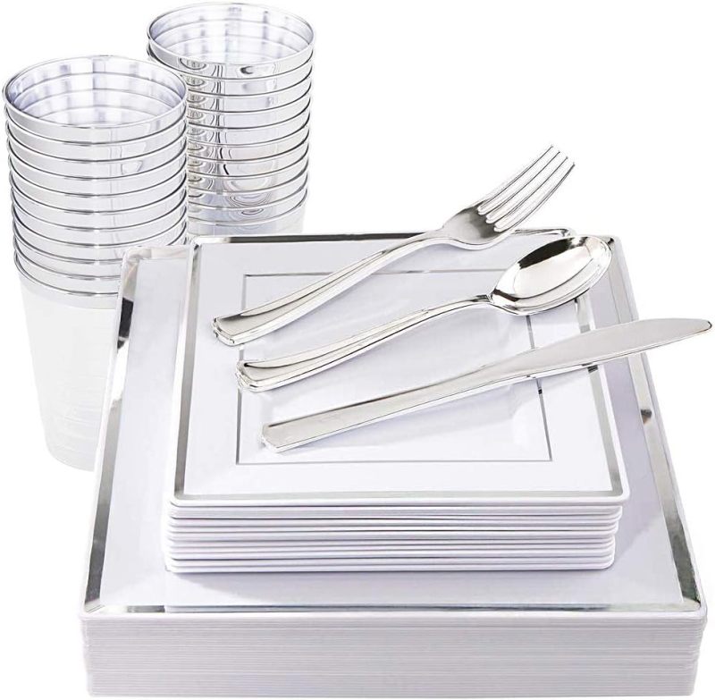 Silver Square Plates & Disposable Silverware & Plastic Cups, Silver Plastic Dinnerware Include: 25 Dinner Plates, 25 Dessert Plates, 25 Forks, 25 Knives, 25 Spoons, 25 Tumblers