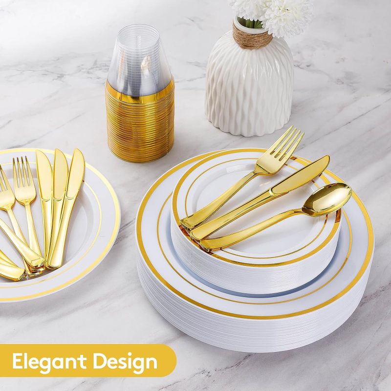 600 Piece Wedding Party Plates Disposable Dinnerware Set 100 Guests -100 Gold Plastic Plates, 100 Gold Salad Plates, 100 Gold Plastic Silverware Set, 100 Gold Plastic Cups