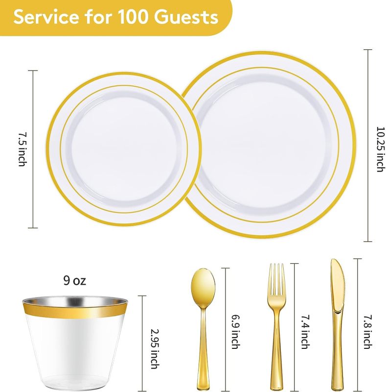 600 Piece Wedding Party Plates Disposable Dinnerware Set 100 Guests -100 Gold Plastic Plates, 100 Gold Salad Plates, 100 Gold Plastic Silverware Set, 100 Gold Plastic Cups
