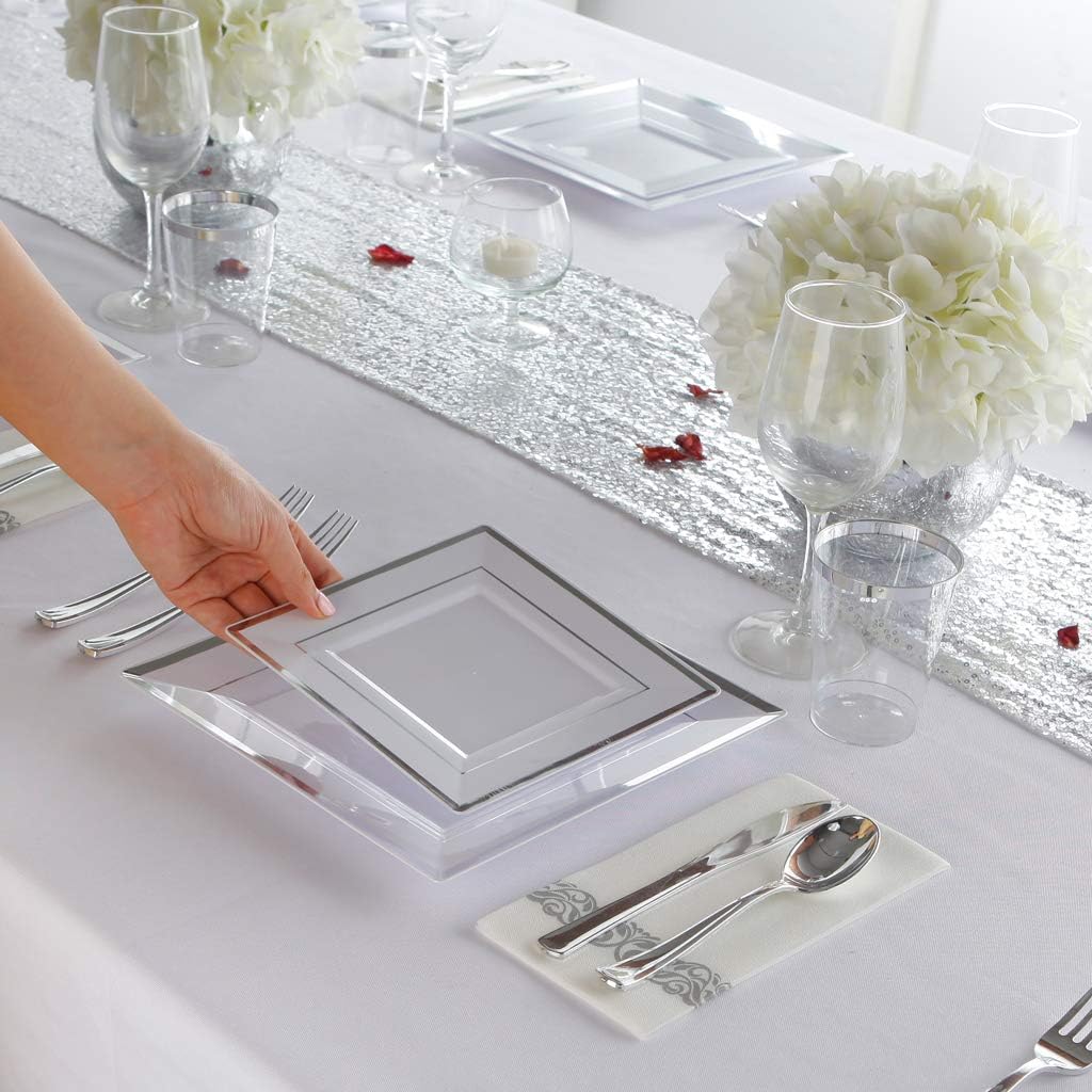 Silver Square Plates & Disposable Silverware & Plastic Cups, Silver Plastic Dinnerware Include: 25 Dinner Plates, 25 Dessert Plates, 25 Forks, 25 Knives, 25 Spoons, 25 Tumblers