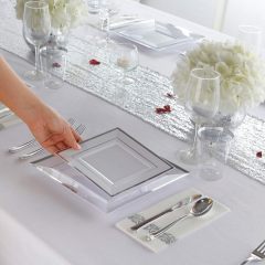 Silver Square Plates & Disposable Silverware & Plastic Cups, Silver Plastic Dinnerware Include: 25 Dinner Plates, 25 Dessert Plates, 25 Forks, 25 Knives, 25 Spoons, 25 Tumblers
