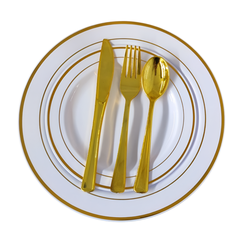 600 Piece Wedding Party Plates Disposable Dinnerware Set 100 Guests -100 Gold Plastic Plates, 100 Gold Salad Plates, 100 Gold Plastic Silverware Set, 100 Gold Plastic Cups