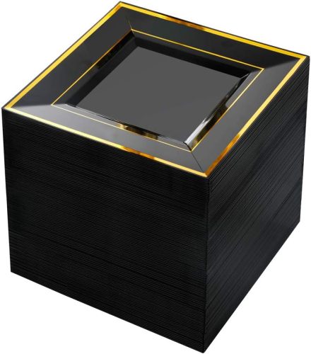 Heavy Duty Plastic Disposable Dinner Plates 7.5 inch 10.25 inch White Black with Gold Rim Square Plates Ideal for Weddings,Parties, &amp; Catering