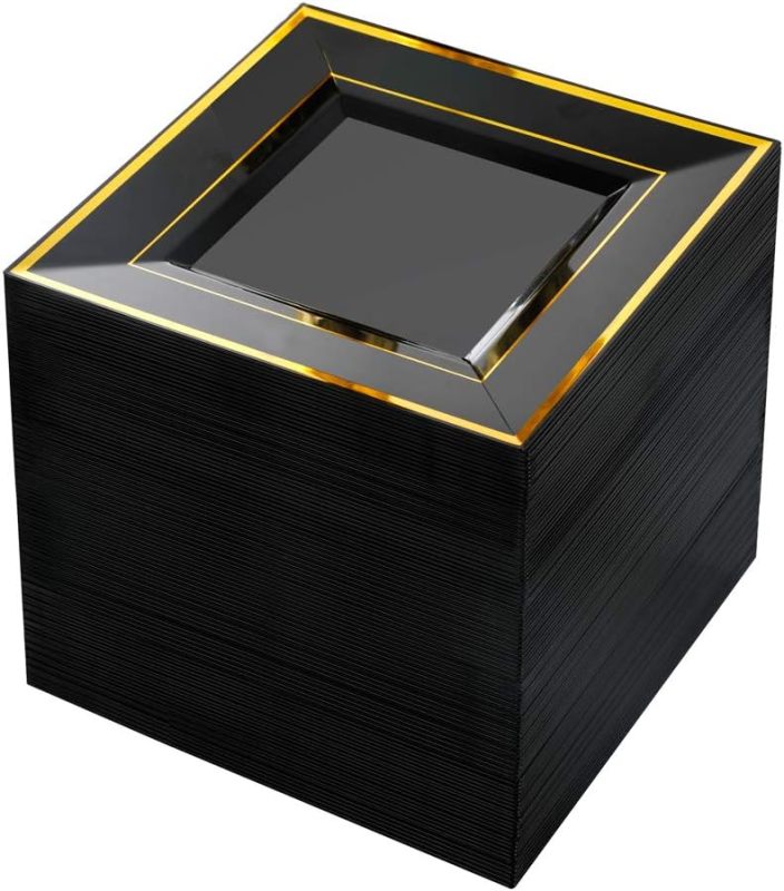 Heavy Duty Plastic Disposable Dinner Plates 7.5 inch 10.25 inch White Black with Gold Rim Square Plates Ideal for Weddings,Parties, & Catering