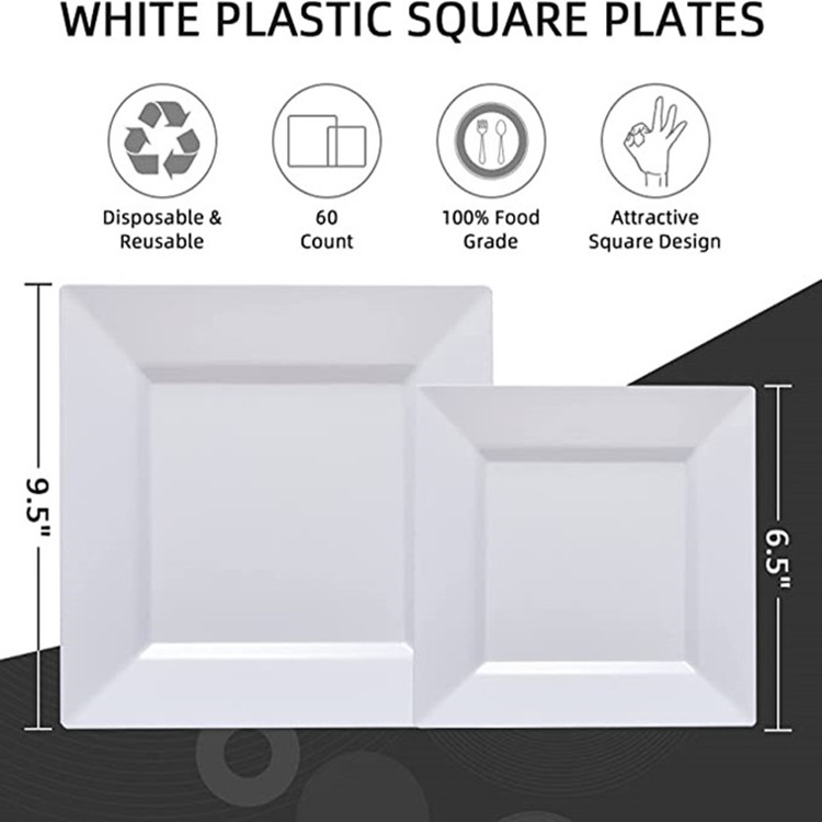 White Salad Dessert Square PS Plates Dishes Plastic disposable dinner charger plates