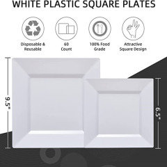 White Salad Dessert Square PS Plates Dishes Plastic disposable dinner charger plates