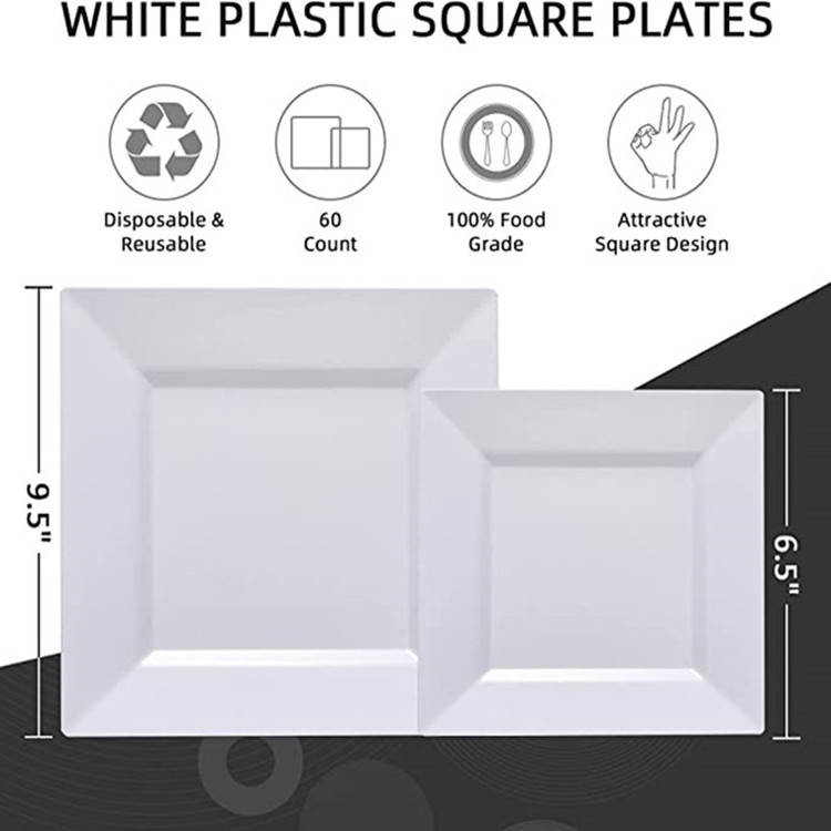 White Salad Dessert Square PS Plates Dishes Plastic disposable dinner charger plates