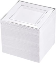 Heavy Duty Plastic Disposable Dinner Plates 7.5 inch 10.25 inch White Black with Gold Rim Square Plates Ideal for Weddings,Parties, & Catering