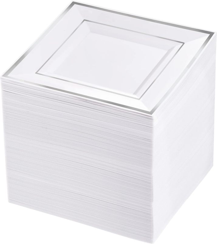 Heavy Duty Plastic Disposable Dinner Plates 7.5 inch 10.25 inch White Black with Gold Rim Square Plates Ideal for Weddings,Parties, & Catering