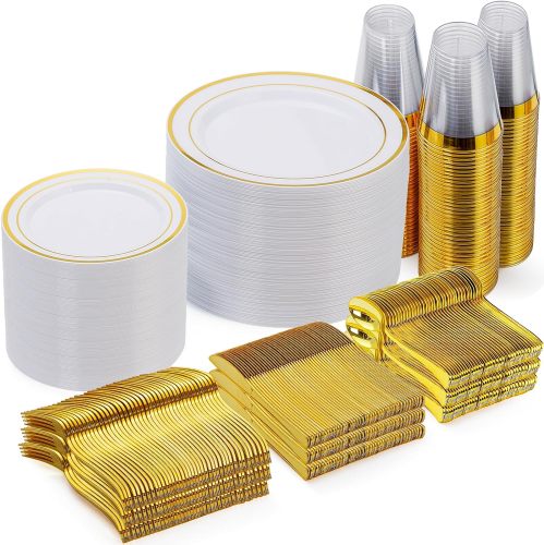 600 Piece Wedding Party Plates Disposable Dinnerware Set 100 Guests -100 Gold Plastic Plates, 100 Gold Salad Plates, 100 Gold Plastic Silverware Set, 100 Gold Plastic Cups