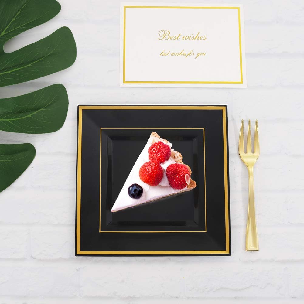 Heavy Duty Plastic Disposable Dinner Plates 7.5 inch 10.25 inch White Black with Gold Rim Square Plates Ideal for Weddings,Parties, & Catering