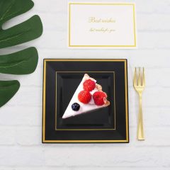 Heavy Duty Plastic Disposable Dinner Plates 7.5 inch 10.25 inch White Black with Gold Rim Square Plates Ideal for Weddings,Parties, & Catering