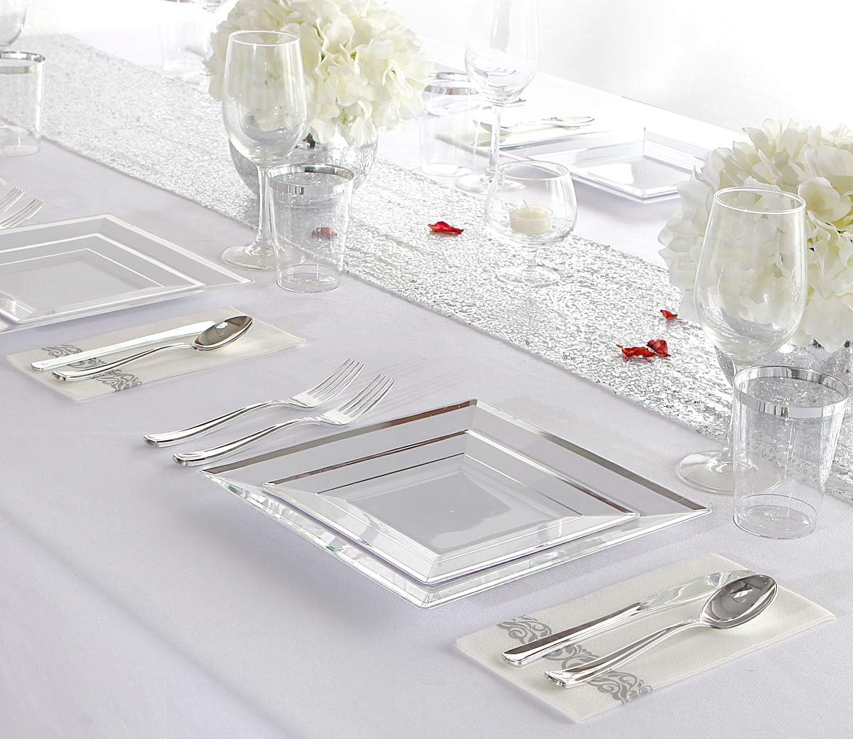 Silver Square Plates & Disposable Silverware & Plastic Cups, Silver Plastic Dinnerware Include: 25 Dinner Plates, 25 Dessert Plates, 25 Forks, 25 Knives, 25 Spoons, 25 Tumblers
