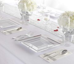 Silver Square Plates & Disposable Silverware & Plastic Cups, Silver Plastic Dinnerware Include: 25 Dinner Plates, 25 Dessert Plates, 25 Forks, 25 Knives, 25 Spoons, 25 Tumblers