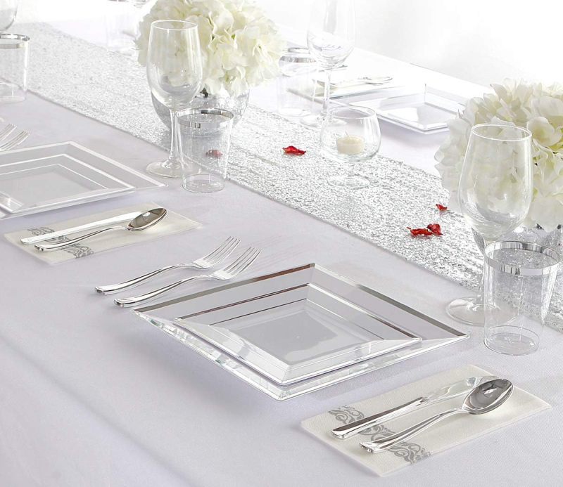 Silver Square Plates & Disposable Silverware & Plastic Cups, Silver Plastic Dinnerware Include: 25 Dinner Plates, 25 Dessert Plates, 25 Forks, 25 Knives, 25 Spoons, 25 Tumblers