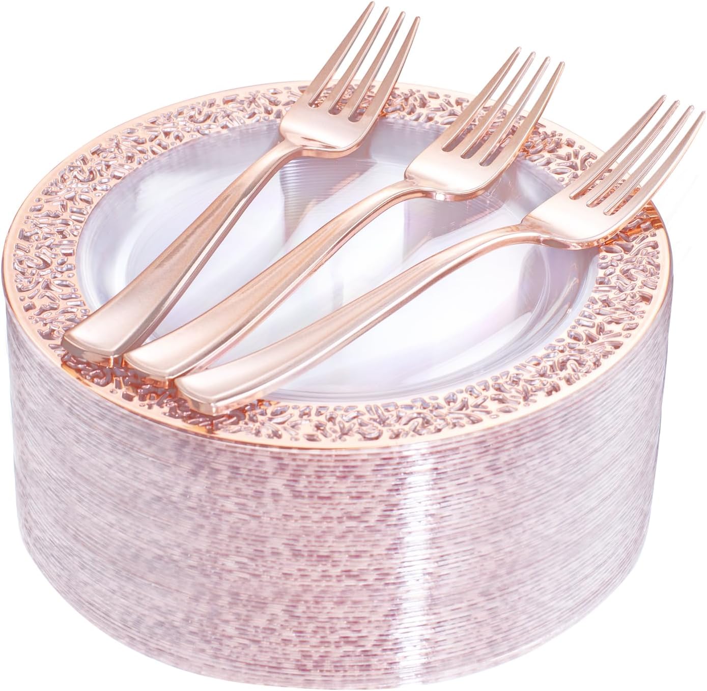 Whole sale 7.5 10.25 inch lace design wedding gold rose rim plastic disposable dishes & plates sets dinnerware