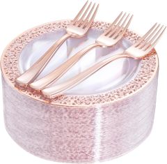 Whole sale 7.5 10.25 inch lace design wedding gold rose rim plastic disposable dishes & plates sets dinnerware