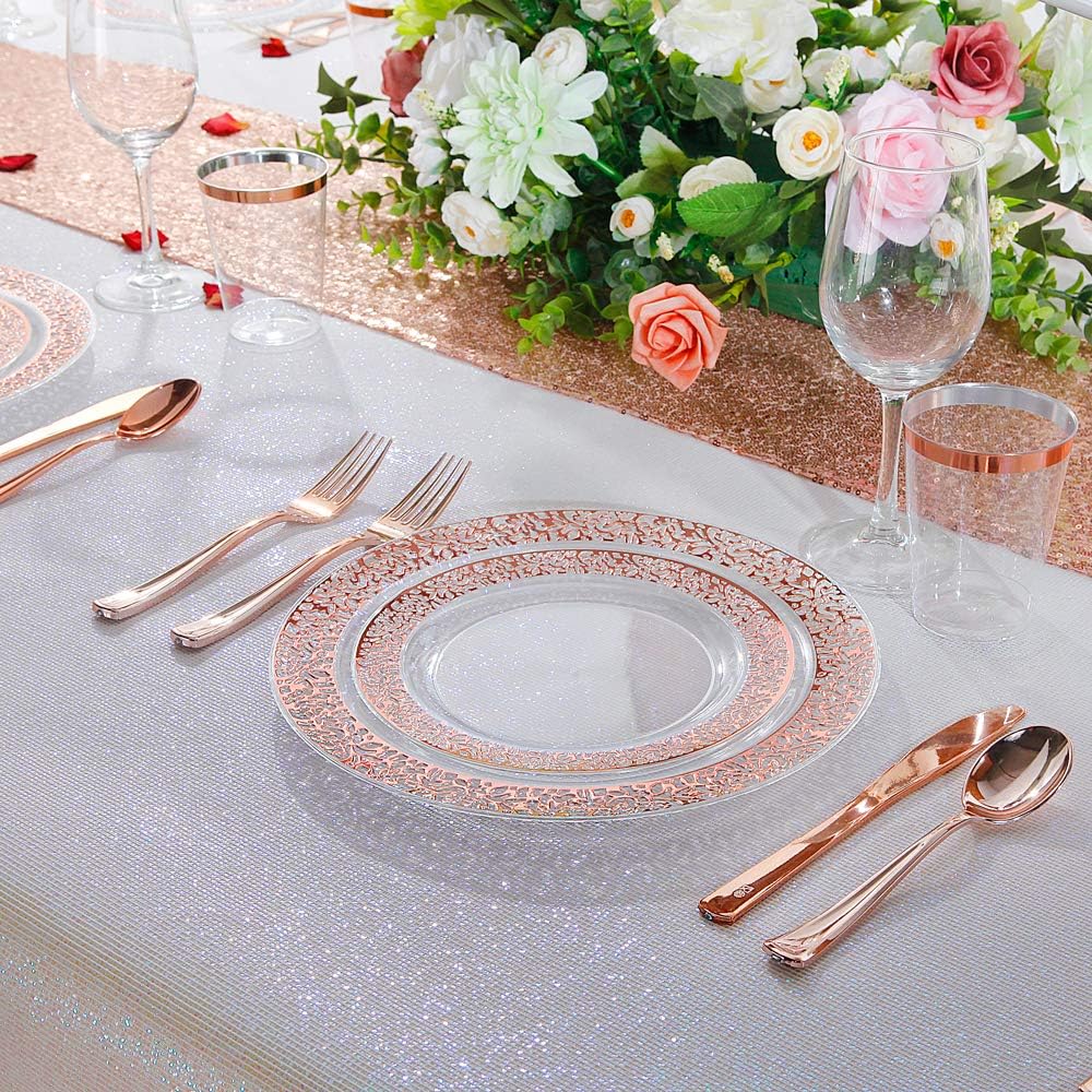 Whole sale 7.5 10.25 inch lace design wedding gold rose rim plastic disposable dishes & plates sets dinnerware
