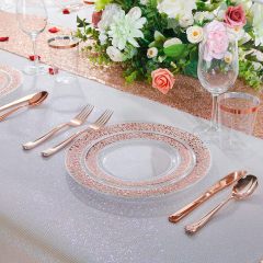 Whole sale 7.5 10.25 inch lace design wedding gold rose rim plastic disposable dishes & plates sets dinnerware