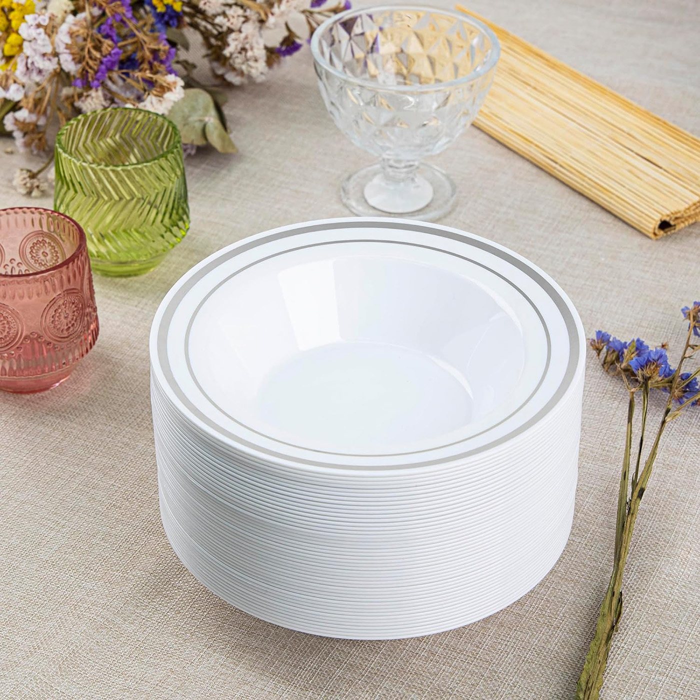 Western Catering Wedding Party Supply Silver Rim Disposable Plastic Salad Dessert Soup Bowls