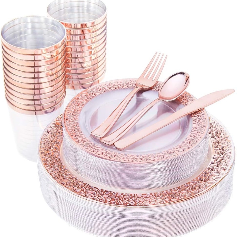 Whole sale 7.5 10.25 inch lace design wedding gold rose rim plastic disposable dishes & plates sets dinnerware