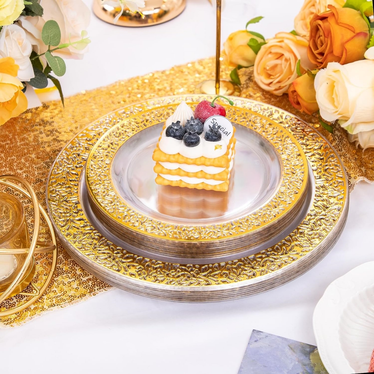160 pieces Clear Gold Lace Rim Plastic Disposable charger plates dinnerware sets with fork knife spoon cup
