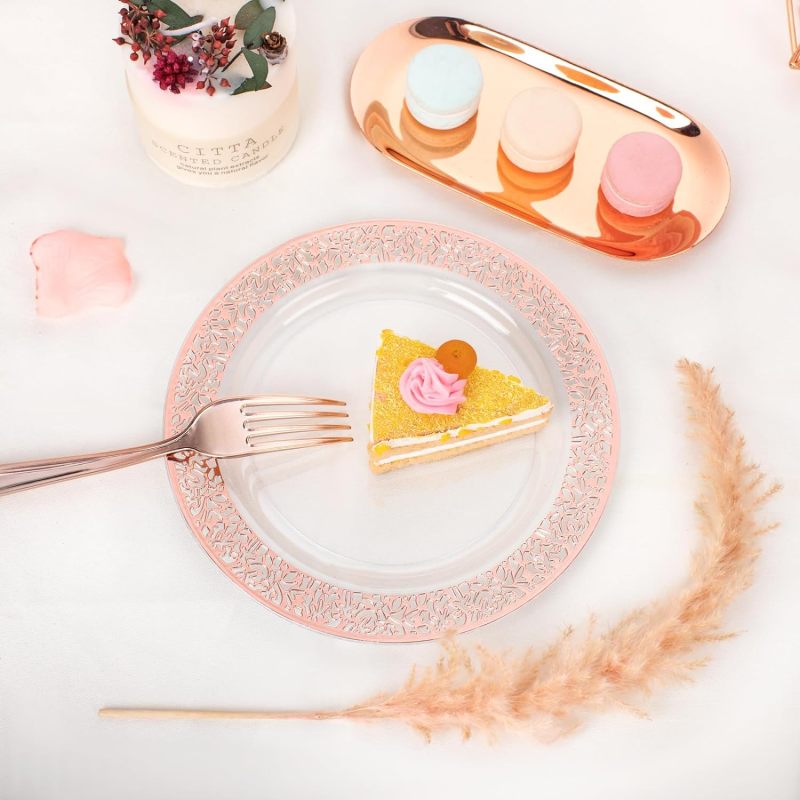 Whole sale 7.5 10.25 inch lace design wedding gold rose rim plastic disposable dishes & plates sets dinnerware