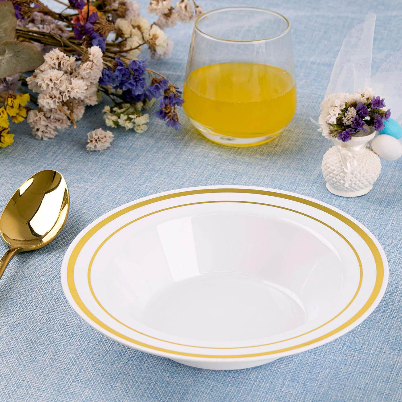 High quality heavy duty elegant party wedding 12 oz gold rim disposable plastic PS bowls for soup salad dessert